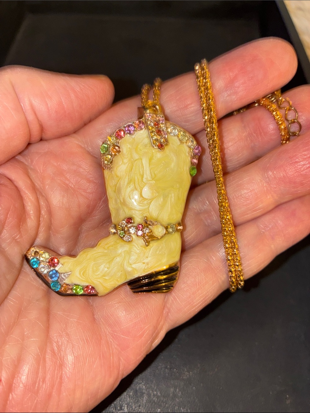 Yellow Enamel Cowboy Boot Pendant Necklace with Multicolor Crystals